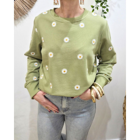 Sweat femme vert broderies marguerites