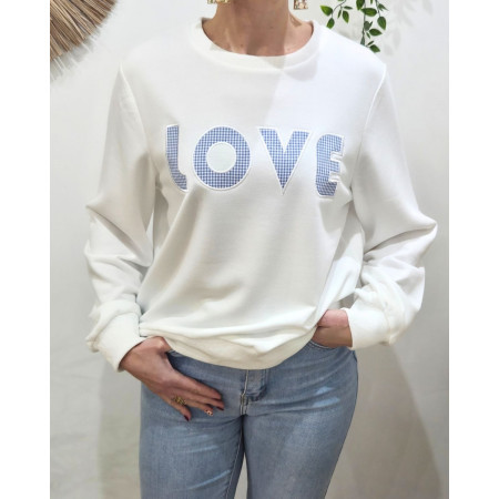 Sweat femme blanc broderie LOVE vichy bleu ciel