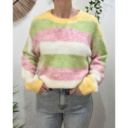 Pull femme col rond multicolore à larges rayures