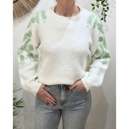 Pull femme blanc manches brodées fleuries vert menthe Nerea