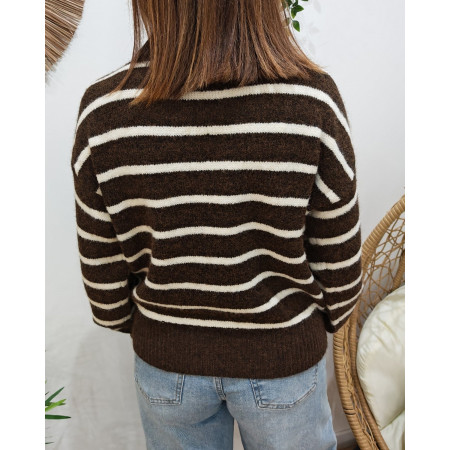 Pull femme marron rayures écrues coeur brodé pixels