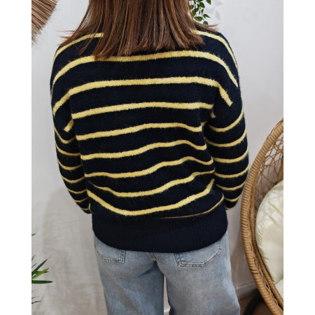 Pull femme bleu marine rayures jaunes coeur brodé pixels