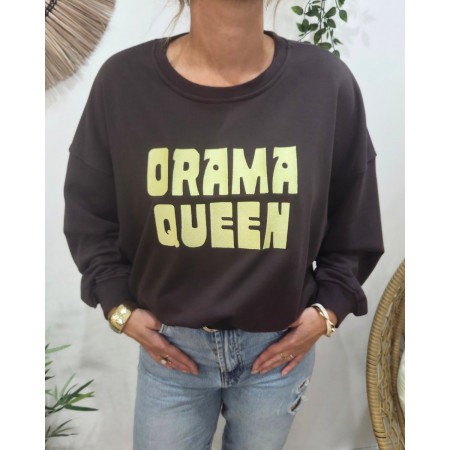 Sweat femme marron broderie DRAMA QUEEN jaune
