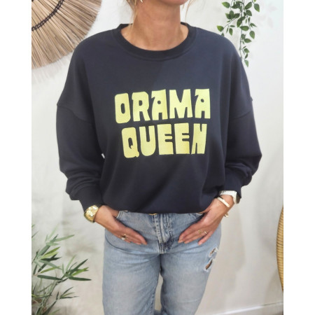 Sweat femme bleu marine broderie DRAMA QUEEN jaune