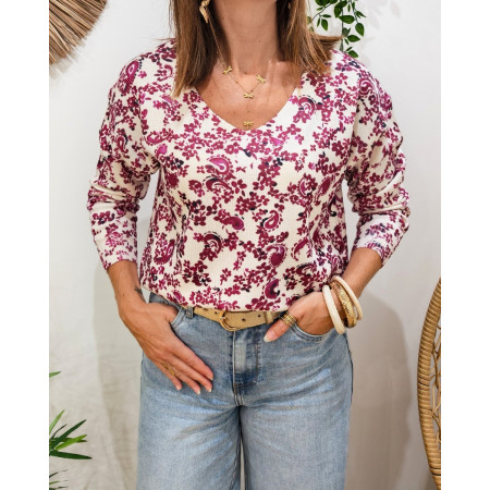 Pull femme col V écru fleurs prunes Margherita