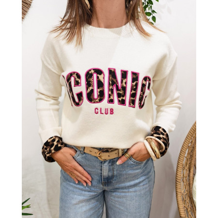 Pull femme beige ICONIC club léopard et rose