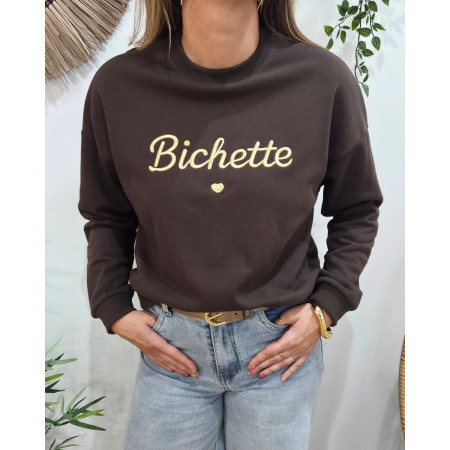 Sweat femme marron broderie Bichette dorée