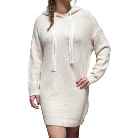 Robe à capuche beige et cordons brodés blancs