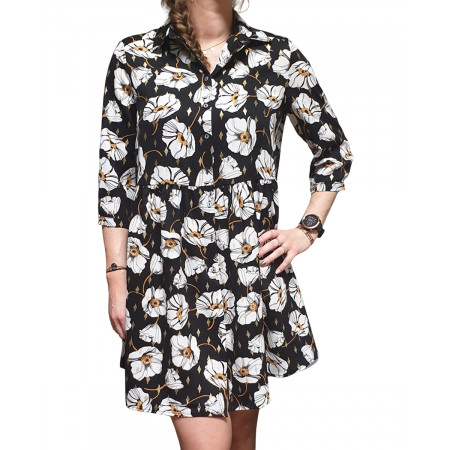 Robe chemise noire coquelicots blancs moutardes et dorés