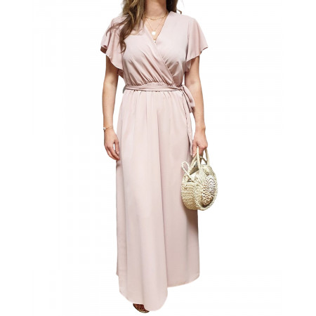 Robe longue unie vieux rose manches volantes