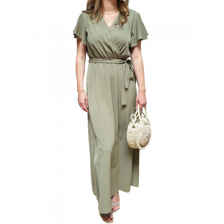 Robe longue unie kaki manches volantes