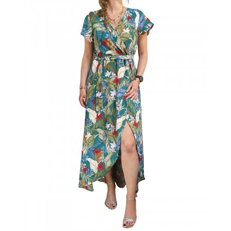 Robe longue asymétrique verte fleurs et feuillages multicolores