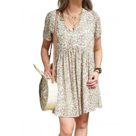 Robe fluide blanche fleurs roses feuillages verts et dorés