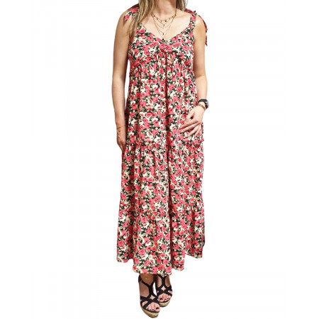 Robe longue noire grosses fleurs rouges jaunes et vertes bretelles nouées