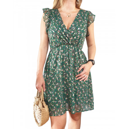 Robe verte manches volantes à fleurs roses bleues blanches losanges dorés