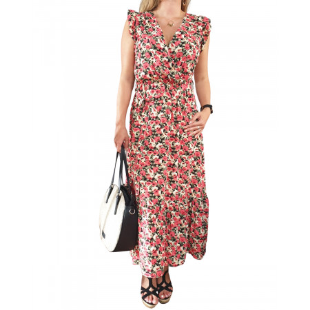 Robe longue noire fleurs rouges jaunes vertes à volants