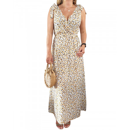 Robe longue blanche motifs oranges jaunes noirs losanges dorés épaules nouées