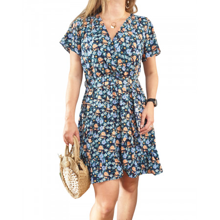 Robe marine fleurs corail bleues et vertes manches courtes