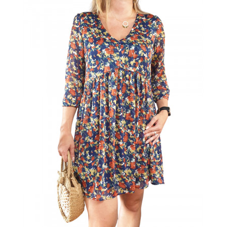 Robe fluide marine fleurs liberty brique jaunes vertes blanches manches 3/4