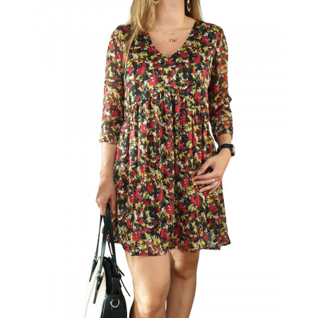 Robe fluide noire fleurs liberty rouges jaunes kaki blanches manches 3/4