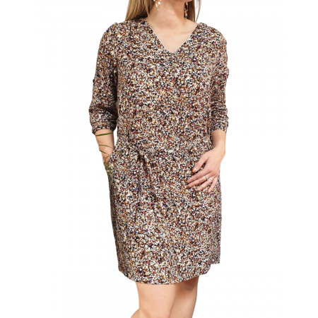 Robe droite noire fleurie liberty camel rouge bleu et étoiles dorées