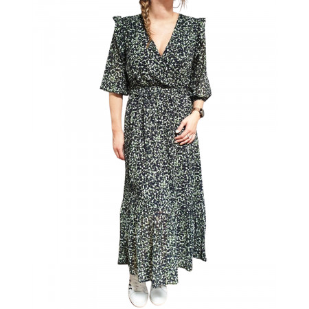 Robe longue marine à fleurs vertes et blanches manches 3/4