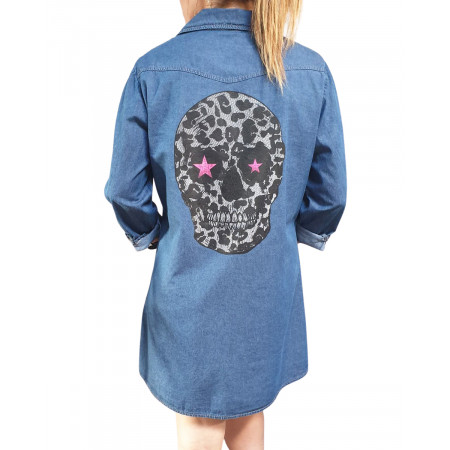 Robe chemise en jeans tête de mort leopard étoiles roses