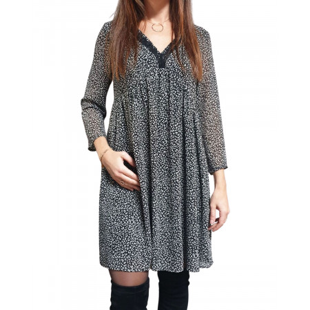 Robe fluide noire taches taupes col V dentelle noire