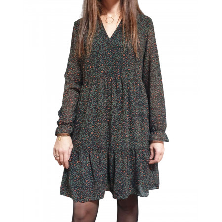 Robe fluide à volants kaki taches léopard camel marine