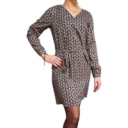 Robe droite noire éventails blancs roses pois dorés