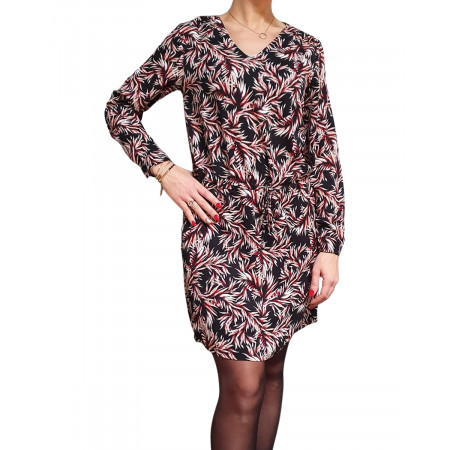 Robe droite noire feuillages bordeaux et blancs liseré doré