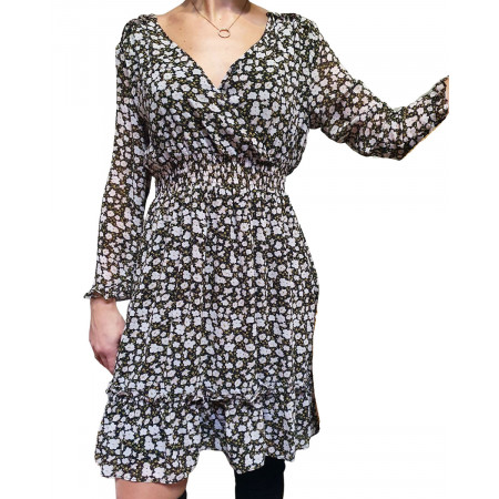 Robe à volants fluide noire petites fleurs roses et blanches