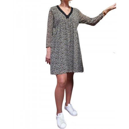 Robe fluide noire fleurs jaunes feuillage beige col dentelle noire