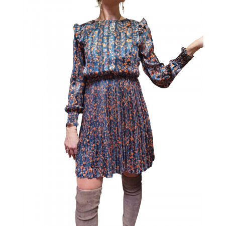 Robe plissée à volants bleu canard à fleurs orangées