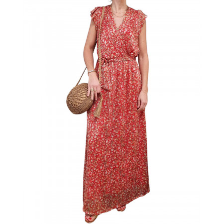 Robe longue rouge fleurs liberty jaunes et blanches avec liseré doré