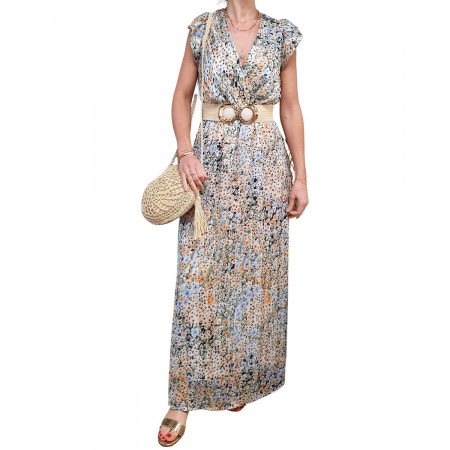 Robe longue bleu fleurs oranges et bleu ciel avec liseré doré