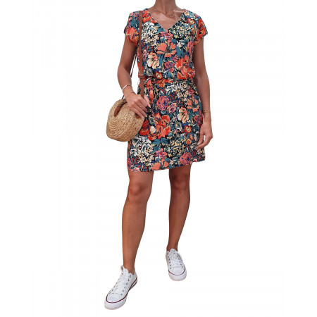 Robe noire imprimé floral corail vert et pêche