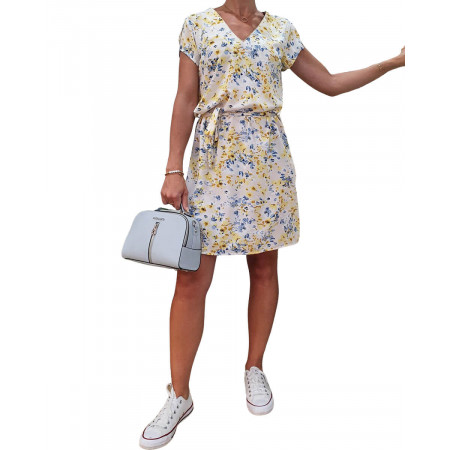 Robe femme écru imprimé floral jaune et bleu