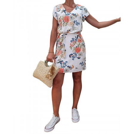 Robe blanche imprimé floral bleu rose et vert