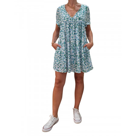 Robe-short blanche imprimé bleu et vert
