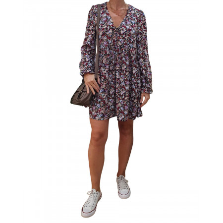 Robe noire imprimé floral bordeaux, violet, kaki et bleu