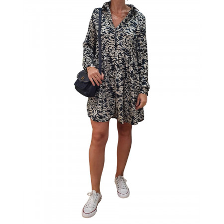 Robe effet satiné beige imprimé léopard noir et bleu