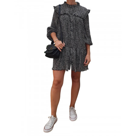 Robe plissée noire imprimé léopard beige