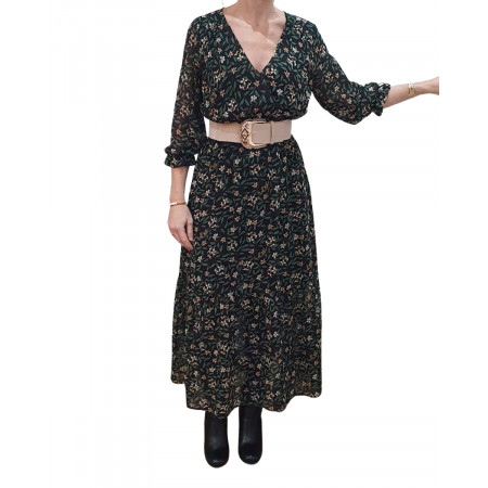 Robe longue noire feuillage fin et petites fleurs beiges