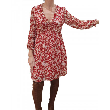 Robe femme rouge carmin imprimé beige