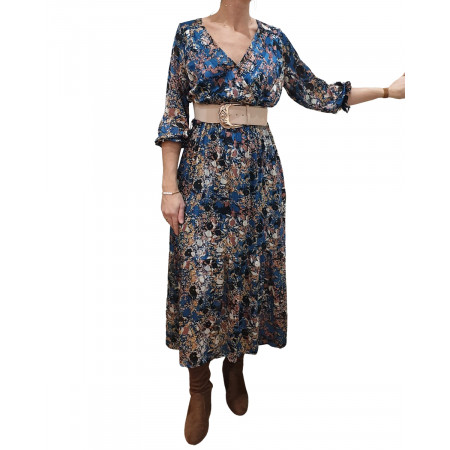 Robe longue bleue rose noire liseré doré