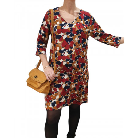 Robe droite grosses fleurs bordeaux marines et camel liseré doré