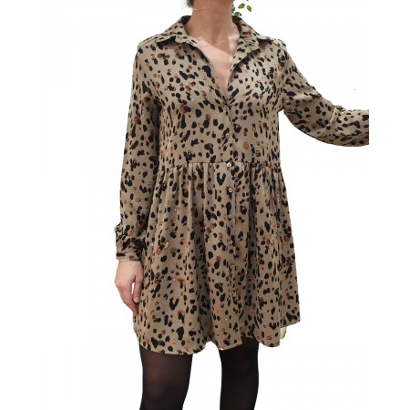 Robe chemise kaki motif léopard noir camel