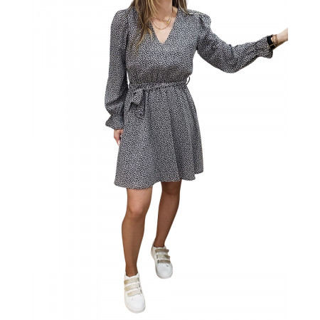 Robe femme fluide noire petites fleurs rouges et blanches