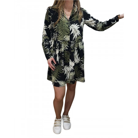 Robe chemise noire feuillage kaki et blanc